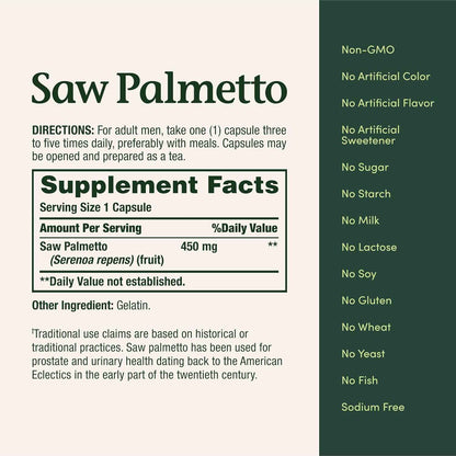 Nature's Bounty Saw Palmetto 450mg for Prostate and Urinary Health 250 Capsules