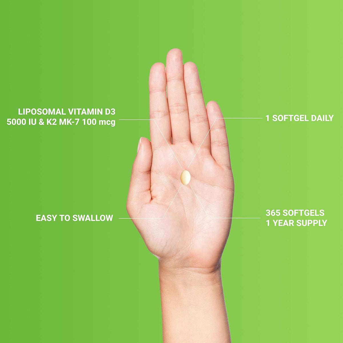 UpNourish Liposomal D3 K2 MK-7 vitamin supplement softgels, 365 count, with orange liquid inside transparent softgel capsules.