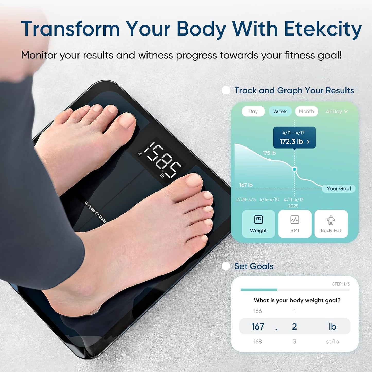 Etekcity Smart Scale Body Weight Fat BMI 400 lb Capacity Bluetooth LED Tempered Glass
