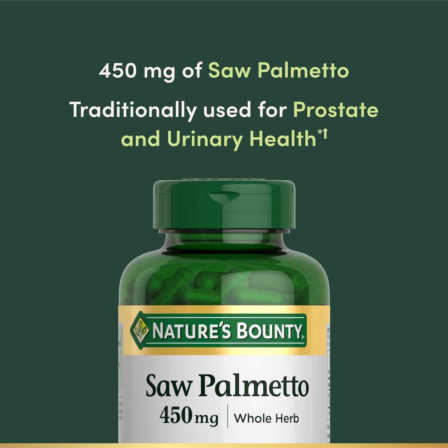 Nature's Bounty Saw Palmetto 450mg for Prostate and Urinary Health 250 Capsules