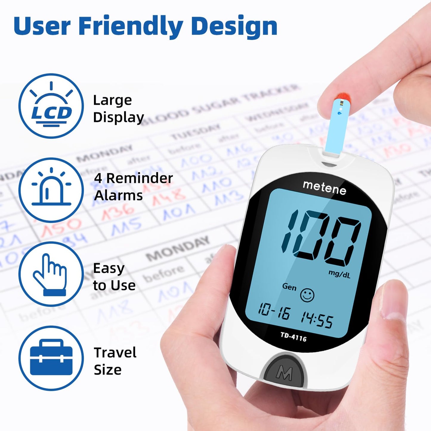 Metene TD-4116 Blood Glucose Monitor Kit 100 Strips No Coding 100 Lancets Lancing Device