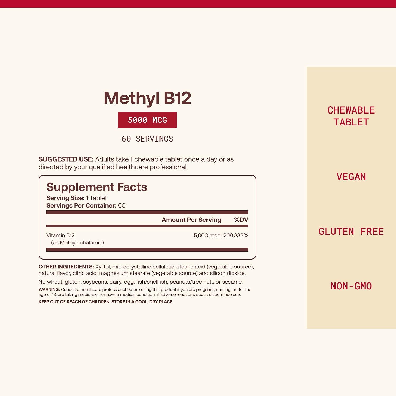 Jarrow Formulas Methyl B-12 5000 mcg Cellular Energy Dietary Supplement Chewable Tablets