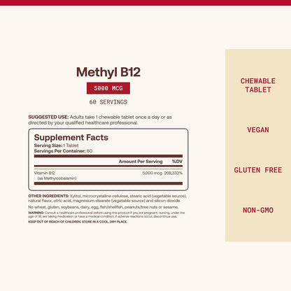 Jarrow Formulas Methyl B-12 5000 mcg Cellular Energy Dietary Supplement Chewable Tablets