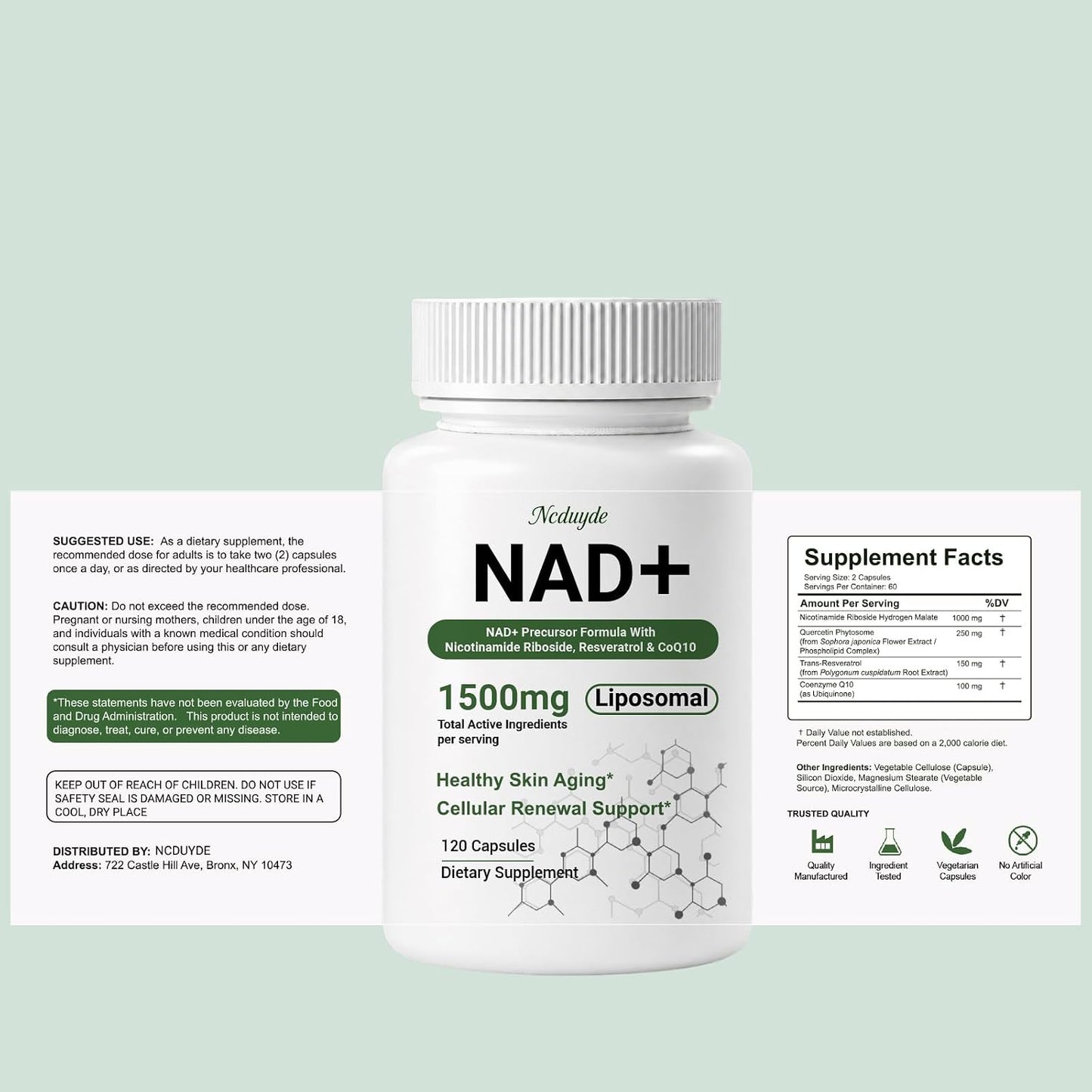 Ncduyde Liposomal NAD+ Supplement Nicotinamide Riboside Resveratrol 1500 mg