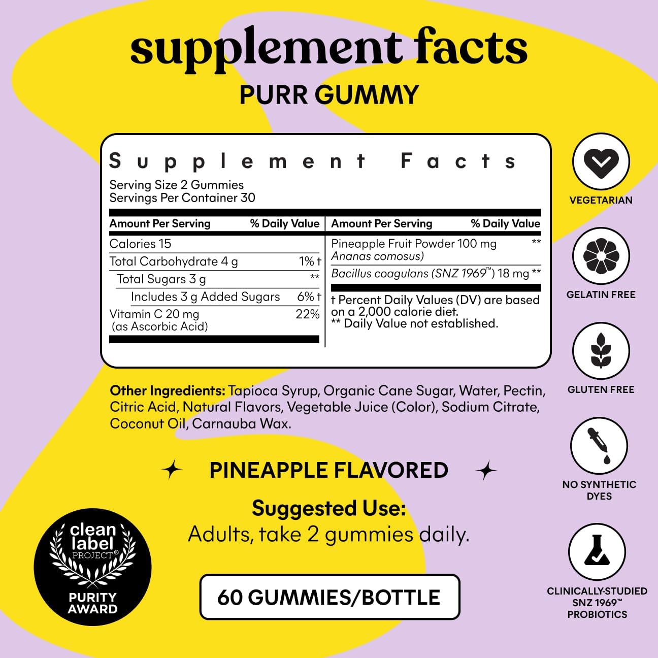 Lemme Purr Vaginal Probiotic Gummies, Vitamin C, Pineapple, 60 Count