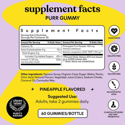 Lemme Purr Vaginal Probiotic Gummies, Vitamin C, Pineapple, 60 Count