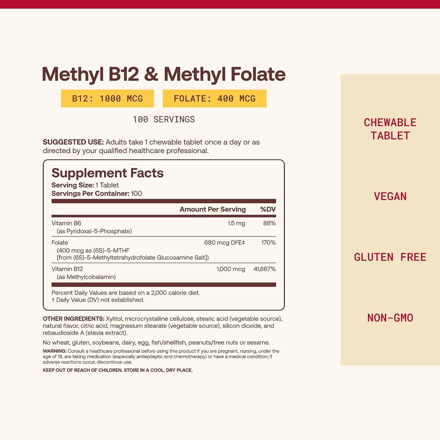 Jarrow Formulas Methyl B-12 & Methyl Folate Dietary Supplement Chewable Tablets