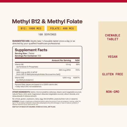 Jarrow Formulas Methyl B-12 & Methyl Folate Dietary Supplement Chewable Tablets