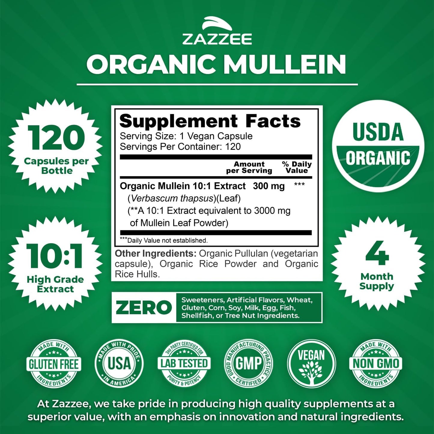 Zazzee Organic Mullein Leaf 10:1 Extract Respiratory Support Capsules