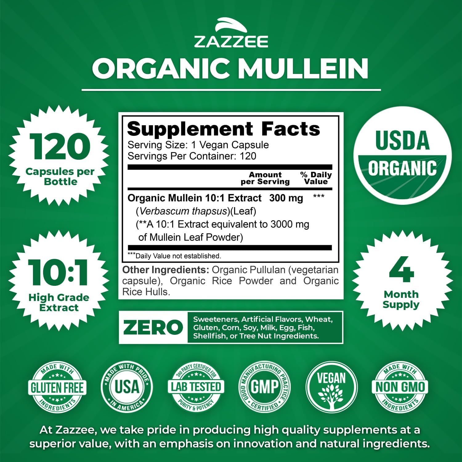Zazzee Organic Mullein Leaf 10:1 Extract Respiratory Support Capsules