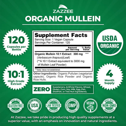 Zazzee Organic Mullein Leaf 10:1 Extract Respiratory Support Capsules