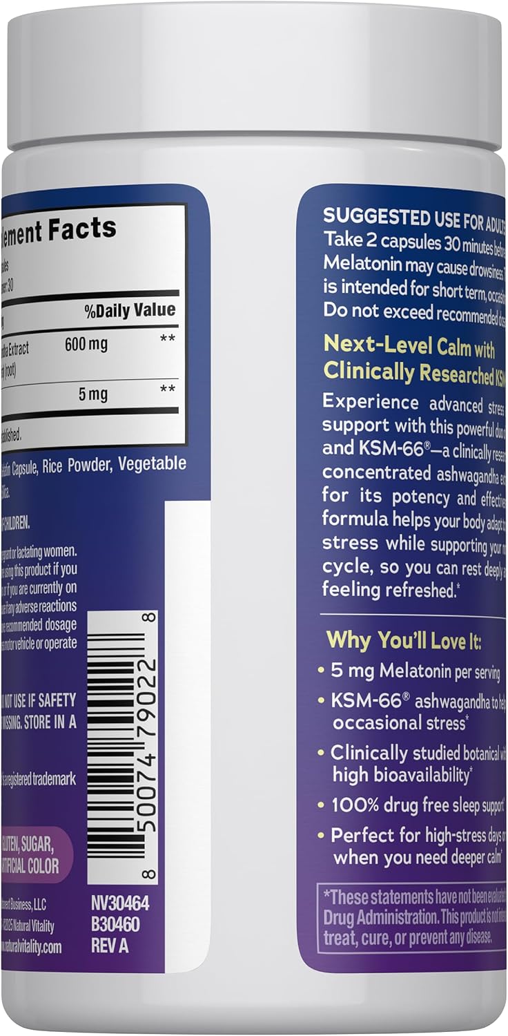 Natural Vitality Calm Sleep Ashwagandha Melatonin Stress Mood Support Capsules