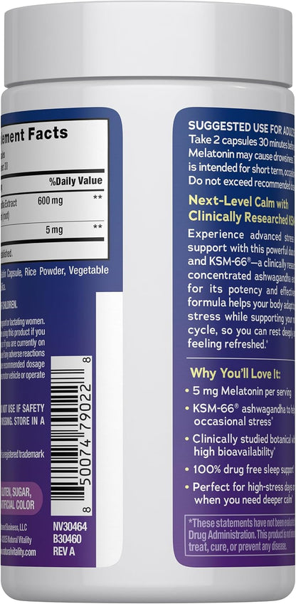 Natural Vitality Calm Sleep Ashwagandha Melatonin Stress Mood Support Capsules