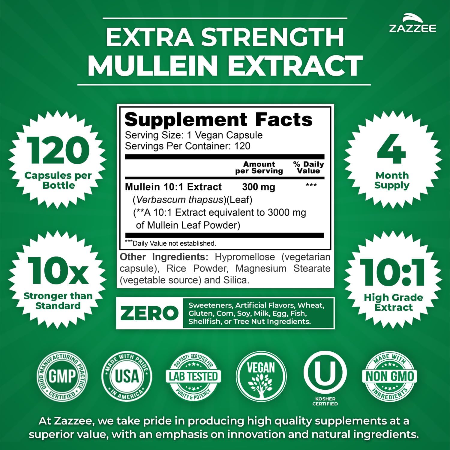 Zazzee Mullein Leaf Extra Strength Respiratory Support Capsules