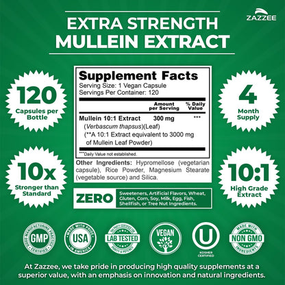 Zazzee Extra Strength Mullein Leaf 10:1 Extract Respiratory Support Capsules