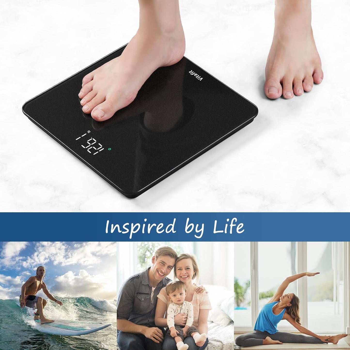 Vitafit Digital Bathroom Scale 400 lb Capacity 0.1 lb Accuracy Step-On LED Display Spray Silver Black