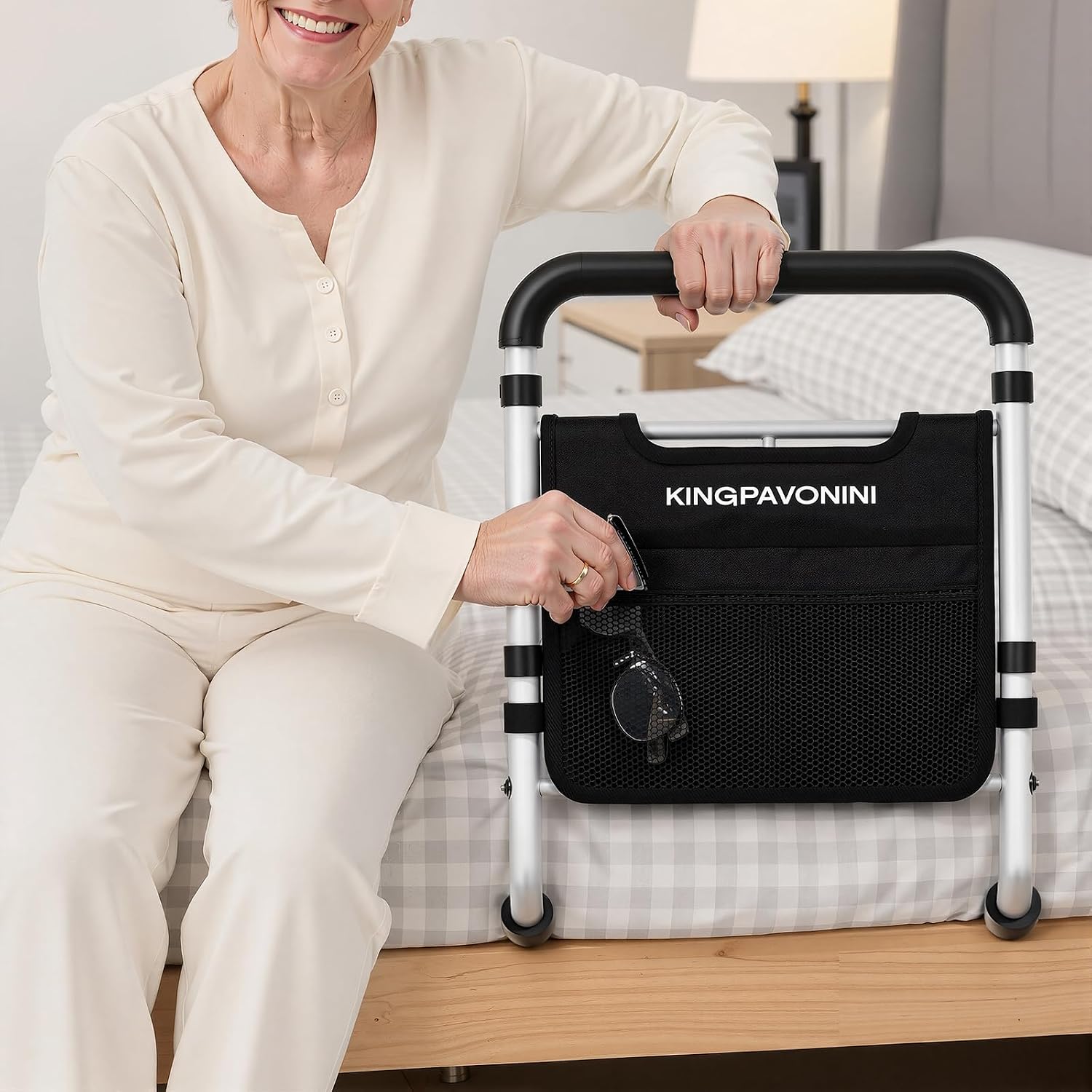 KingPavonini Bed Rails for Elderly Adults Safety 380 lbs ASTM Approved Adjustable Bed Cane Non-Slip Ergonomic Handle Storage Bag Tool-Free