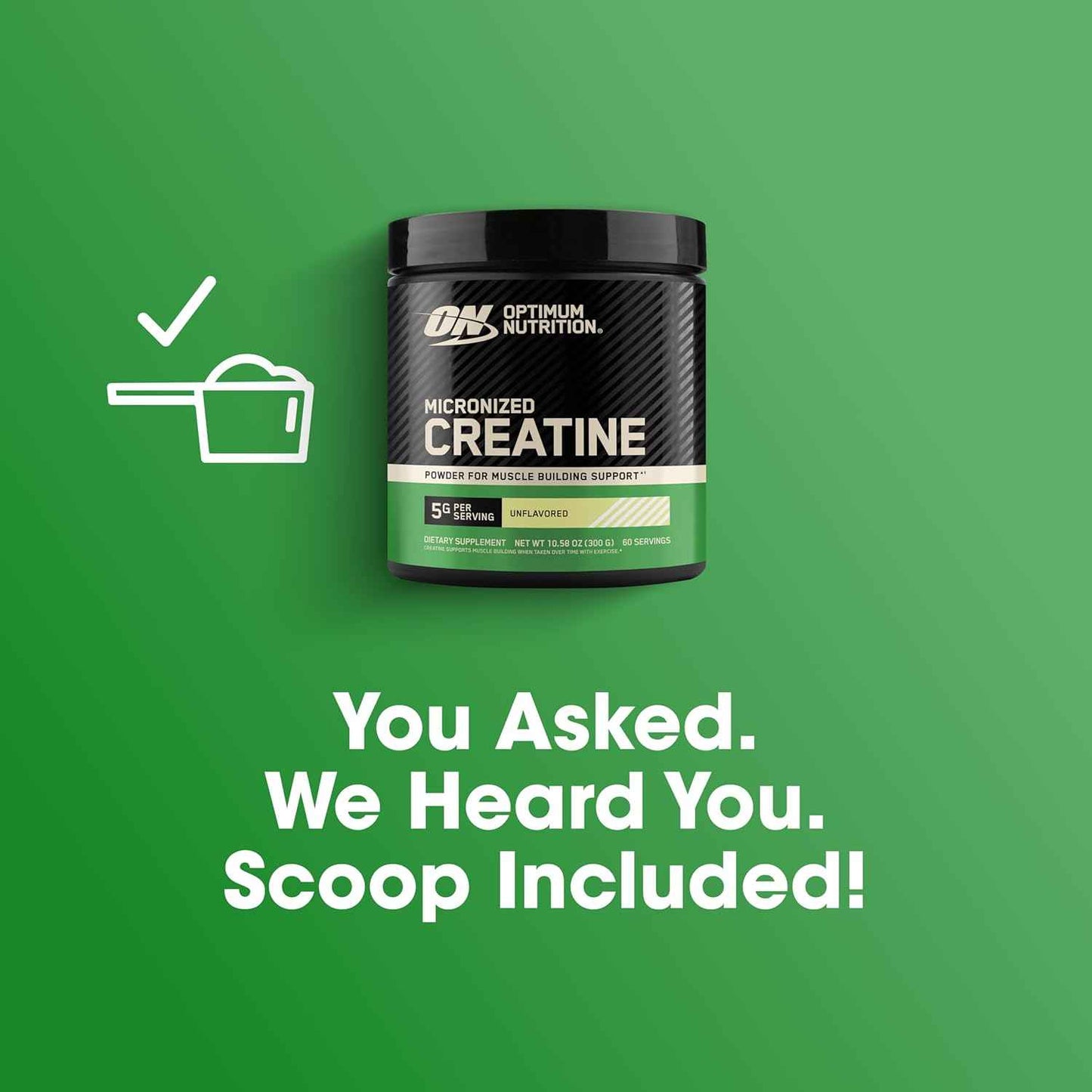 Optimum Nutrition Micronized Creatine Monohydrate Powder Supports Strength & Recovery, Banned Substance Tested Unflavored 5g 60 Servings
