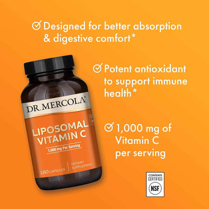 Dr. Mercola Liposomal Vitamin C 1,000 mg bioavailable capsules, showing a bottle with 180 capsules on the label.