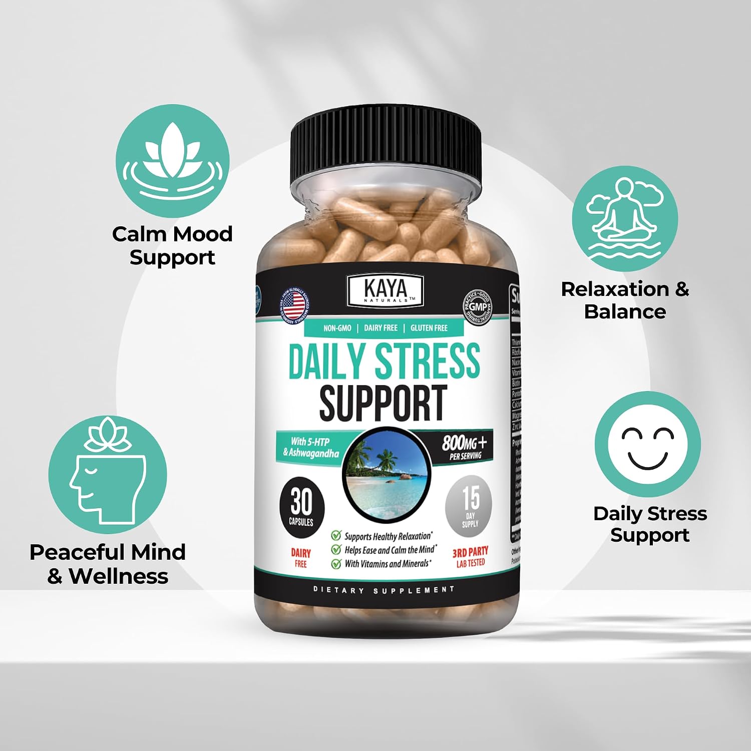 Kaya Naturals Ashwagandha GABA Daily Stress Mood Support Capsules