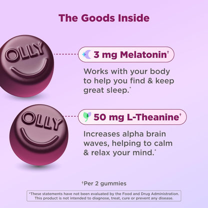 OLLY Sleep Gummy, Sleep Support Supplement,* 3 mg Melatonin, L-Theanine, Chamomile and Lemon Balm Extracts, Blackberry Zen Flavor, 35 Day Supply - 70 Count