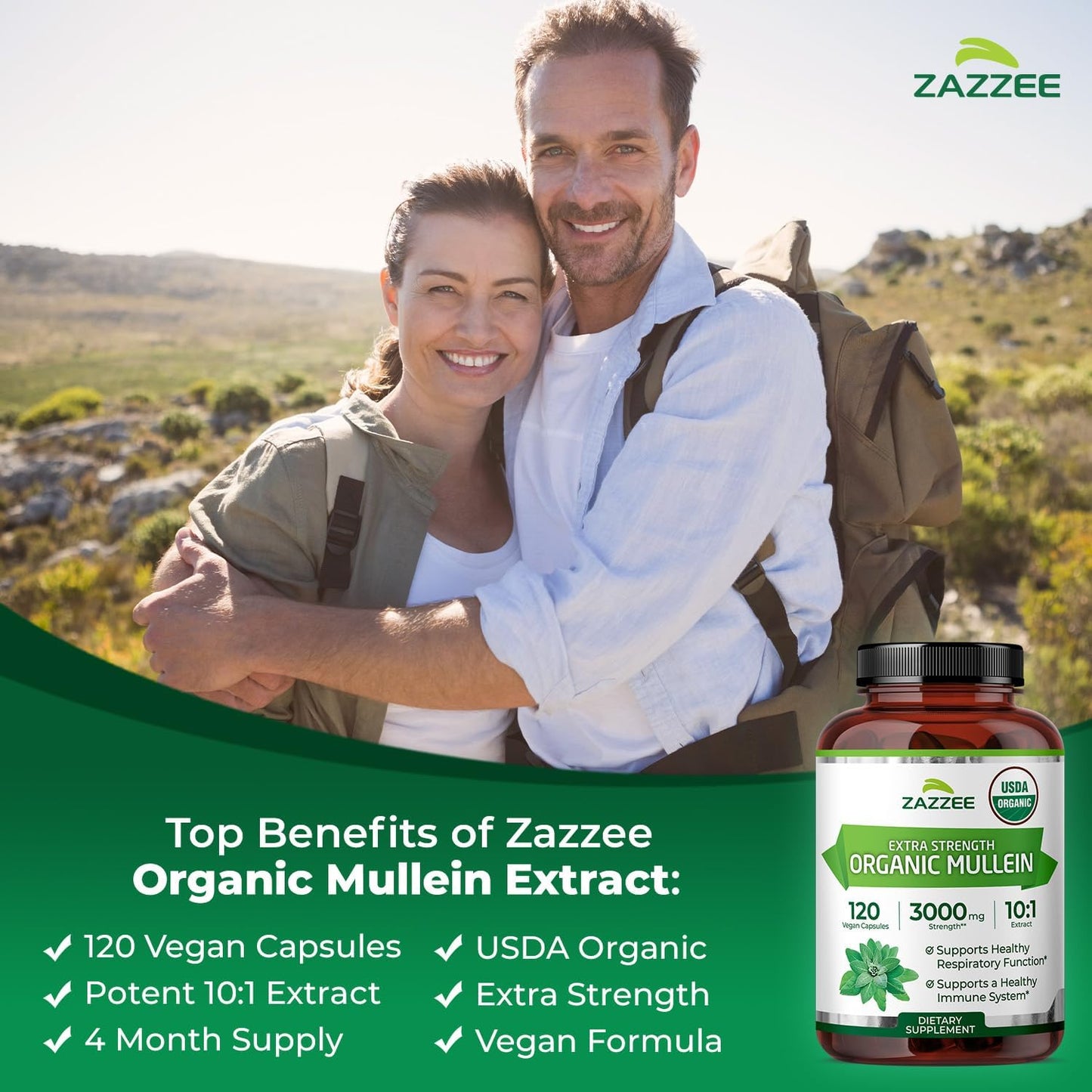 Zazzee Organic Mullein Leaf 10:1 Extract Respiratory Support Capsules