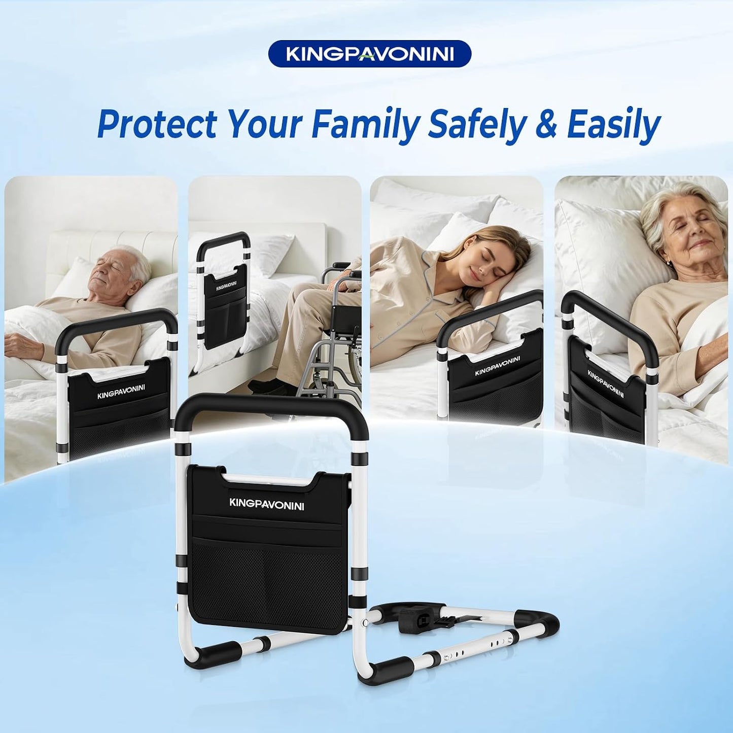 KingPavonini Bed Rails for Elderly Adults Safety 380 lbs ASTM Approved Adjustable Bed Cane Non-Slip Ergonomic Handle Storage Bag Tool-Free