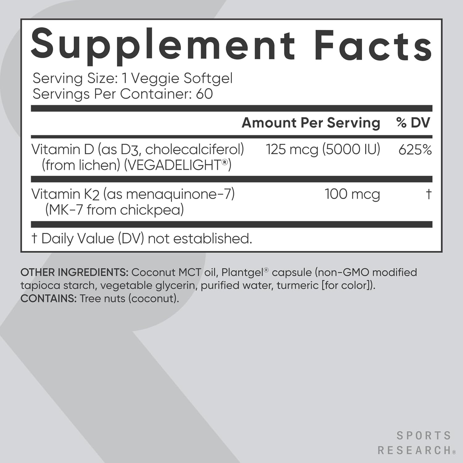 Sports Research Vitamin D3 + K2 Supplement Vegan 5000IU 60 Softgels