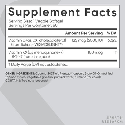 Sports Research Vitamin D3 + K2 Supplement Vegan 5000IU 60 Softgels