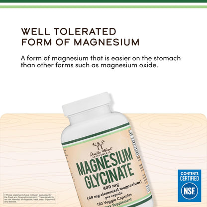 Double Wood Supplements Magnesium Glycinate 400mg Capsules 180 Count