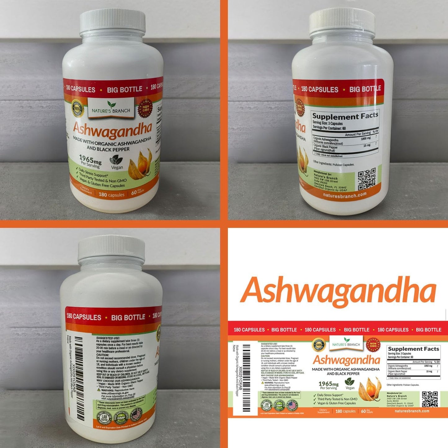 Nature's Branch Organic Ashwagandha Stress Sleep Mood Support Capsules 180 Count
