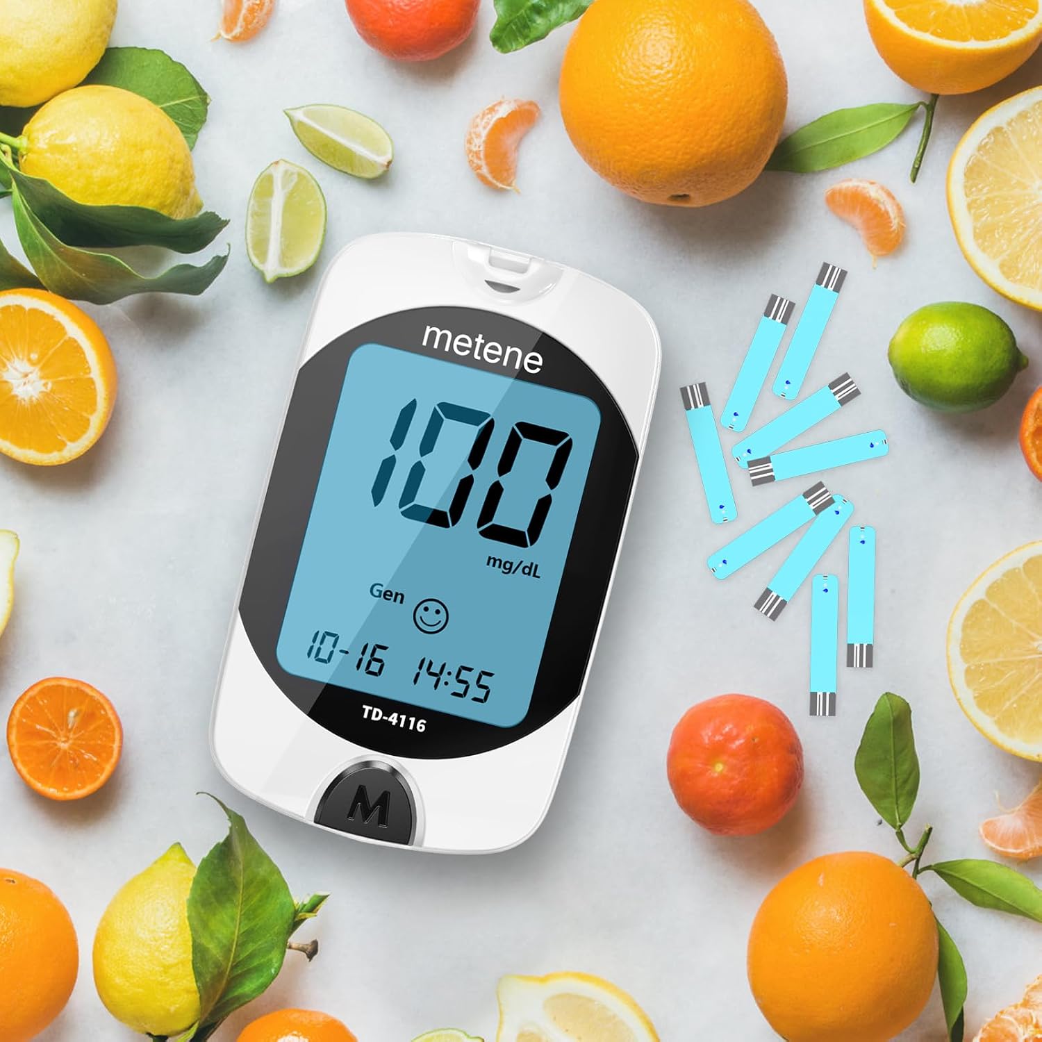 Metene TD-4116 Blood Glucose Monitor Kit 100 Strips No Coding 100 Lancets Lancing Device