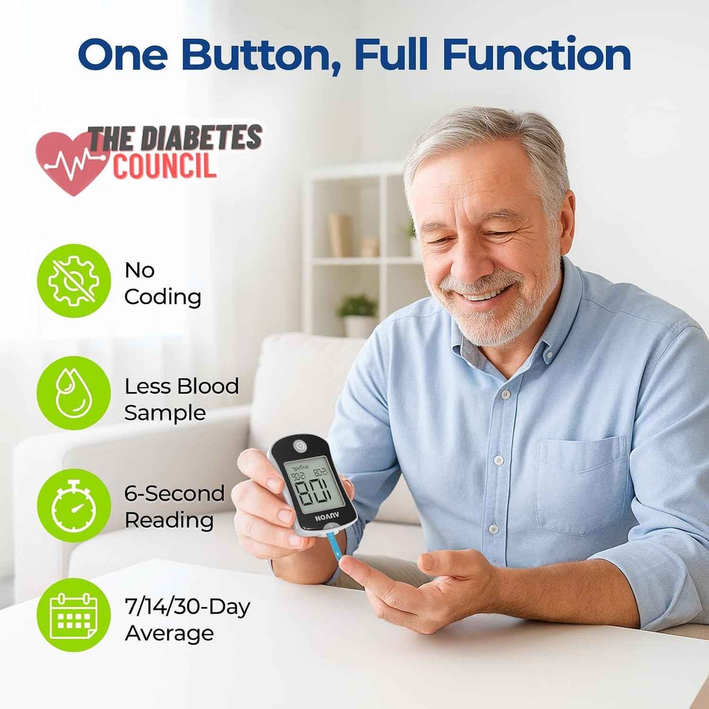 AUVON Blood Glucose Monitor Kit 50 Test Strips & Lancets No Coding Blood Sugar Testing Support