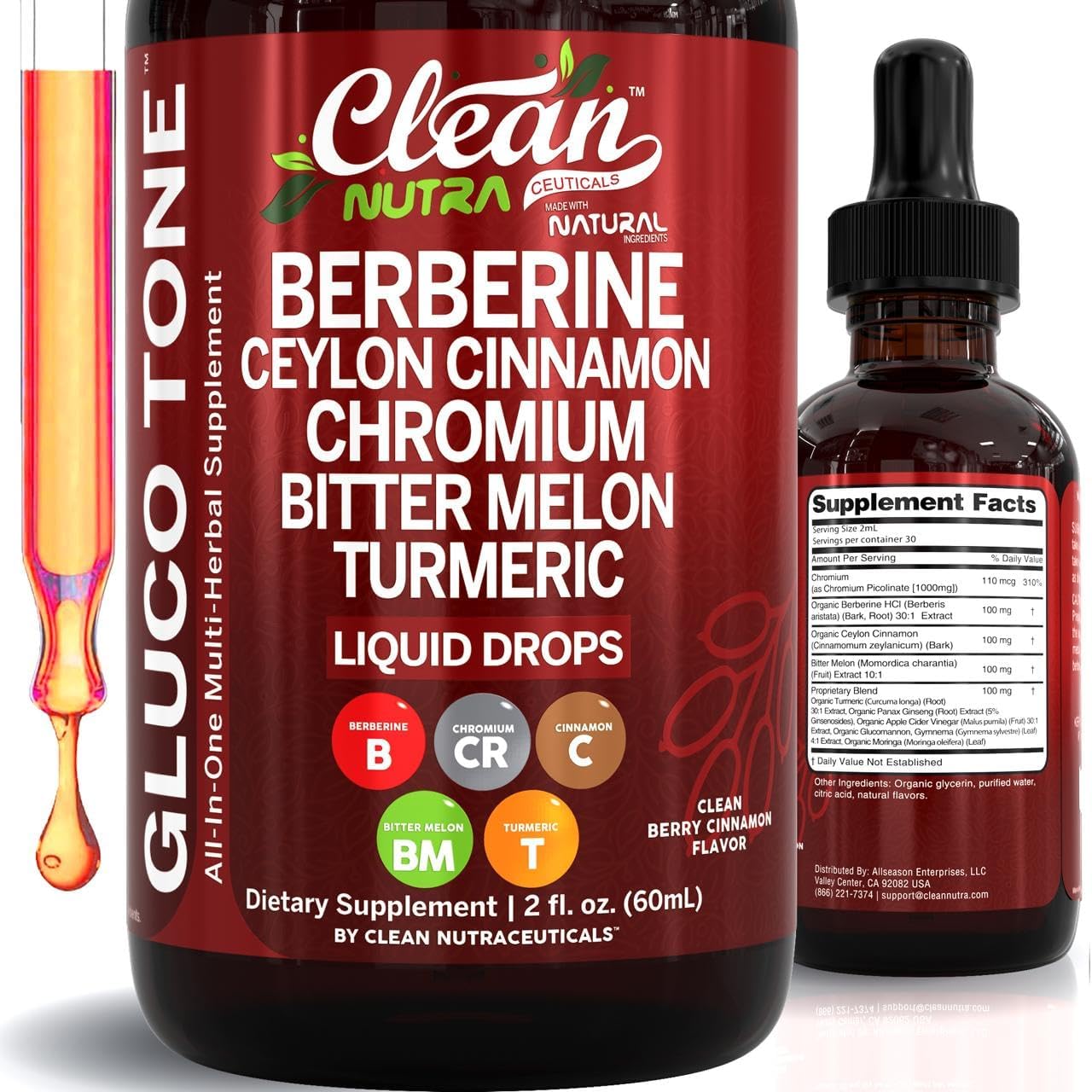 Clean Nutra Berberine with Ceylon Cinnamon Supplement Liquid Drops 2 fl oz