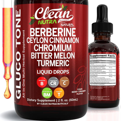 Clean Nutra Berberine with Ceylon Cinnamon Supplement Liquid Drops 2 fl oz