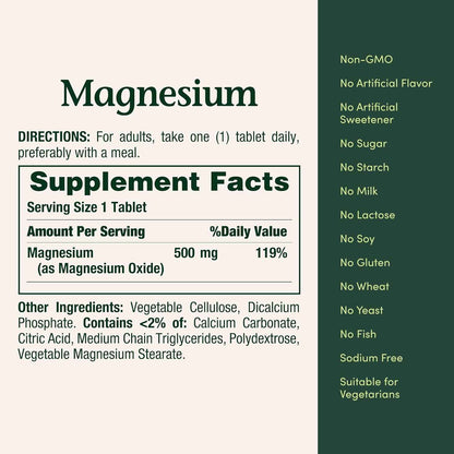 Nature's Bounty Magnesium 500 mg High Potency Tablets 200 Count