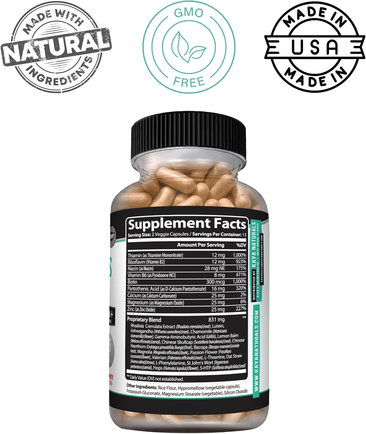 Kaya Naturals Ashwagandha GABA Daily Stress Mood Support Capsules