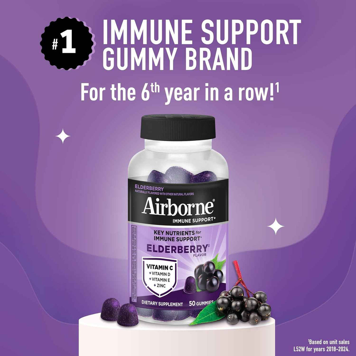Airborne Elderberry Zinc Vitamin C Gummies Adults Immune Support 50 Count