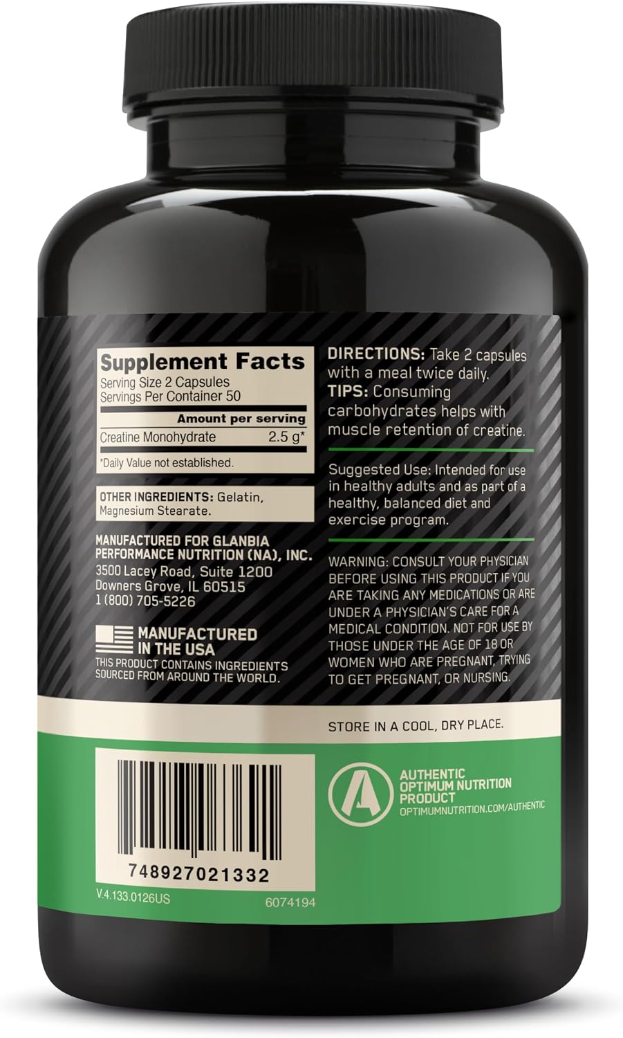 Optimum Nutrition Micronized Creatine Monohydrate Capsules 2.5g Per Serving 50 Servings