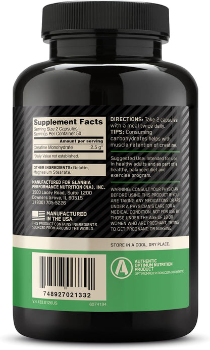 Optimum Nutrition Micronized Creatine Monohydrate Capsules 2.5g Per Serving 50 Servings