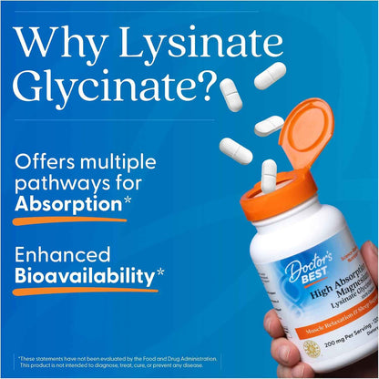 Doctor's Best High Absorption Magnesium Glycinate Lysinate Supplement Tablets 200mg