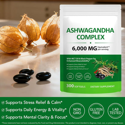 ZUZOKKAHA Ashwagandha Extract Relaxation Calm Mood Supplement Softgels 300 Count