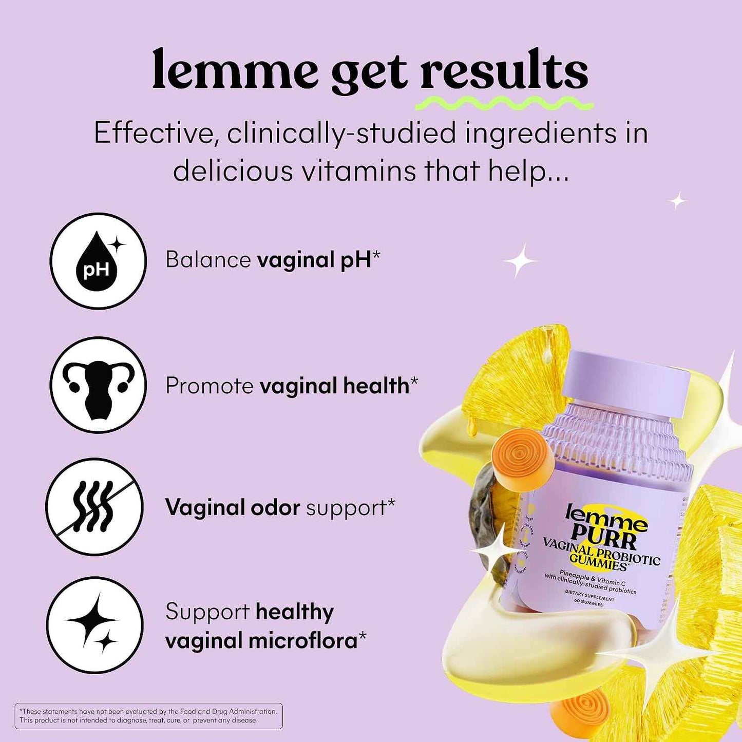 Lemme Purr Vaginal Probiotic Gummies, Vitamin C, Pineapple, 60 Count