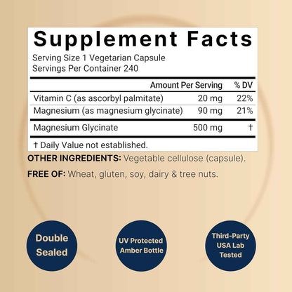Naturebell Pure Magnesium Glycinate 500mg Chelated 240 Veggie Capsules
