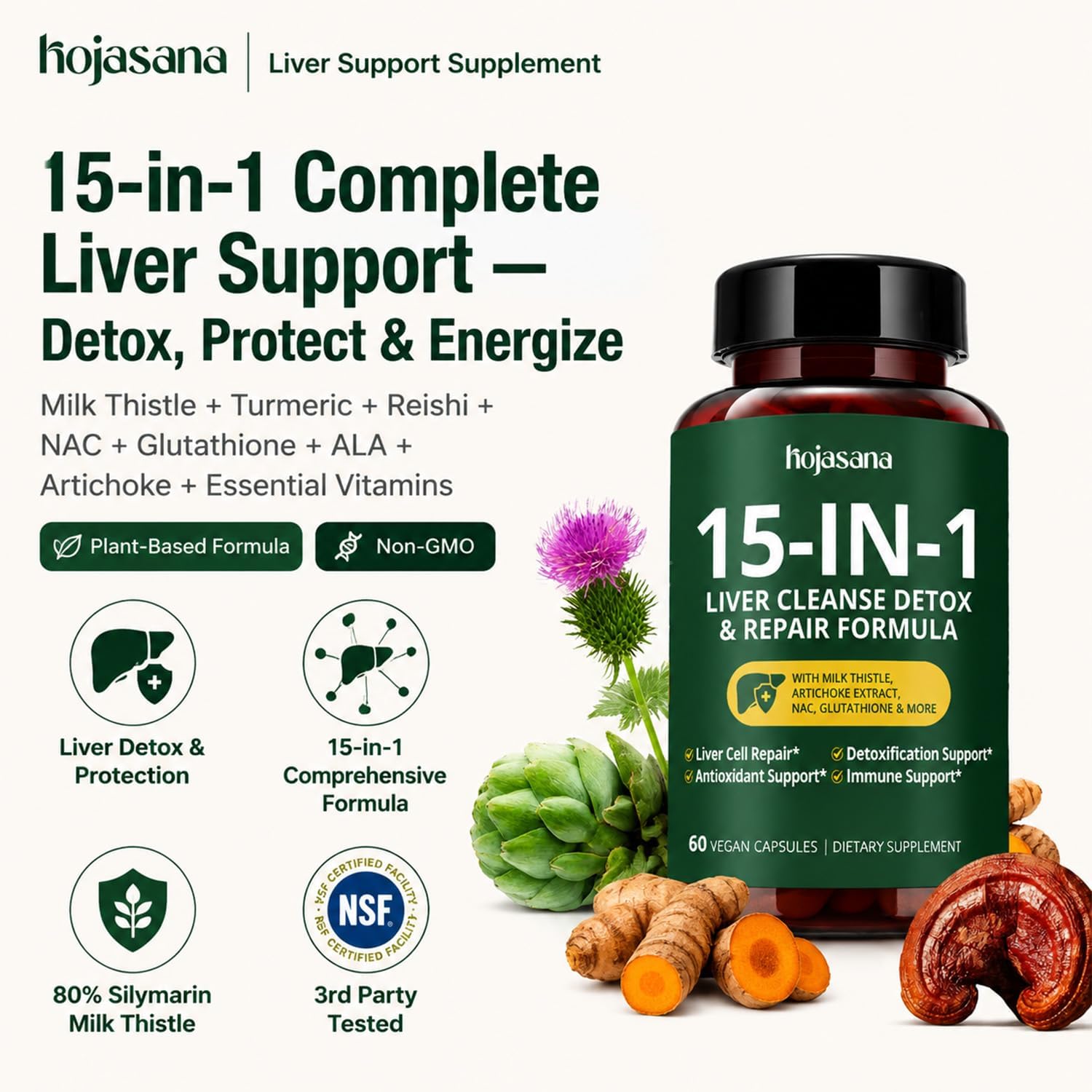 HojaSana Milk Thistle Silymarin Liver Support Detox Formula Capsules