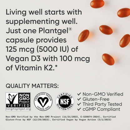 Sports Research Vitamin D3 + K2 Supplement Vegan 5000IU 60 Softgels