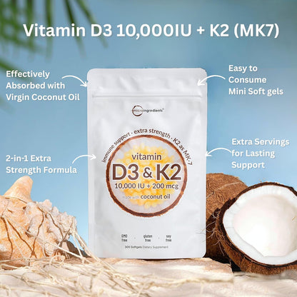 Micro Ingredients Vitamin D3 10,000 IU K2 MK-7 200 mcg Softgel Supplement 300 Count