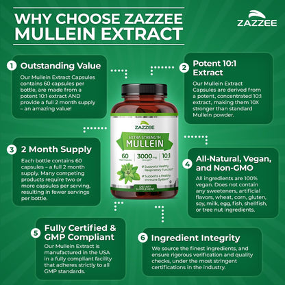 Zazzee Mullein Leaf Extra Strength Respiratory Support Capsules