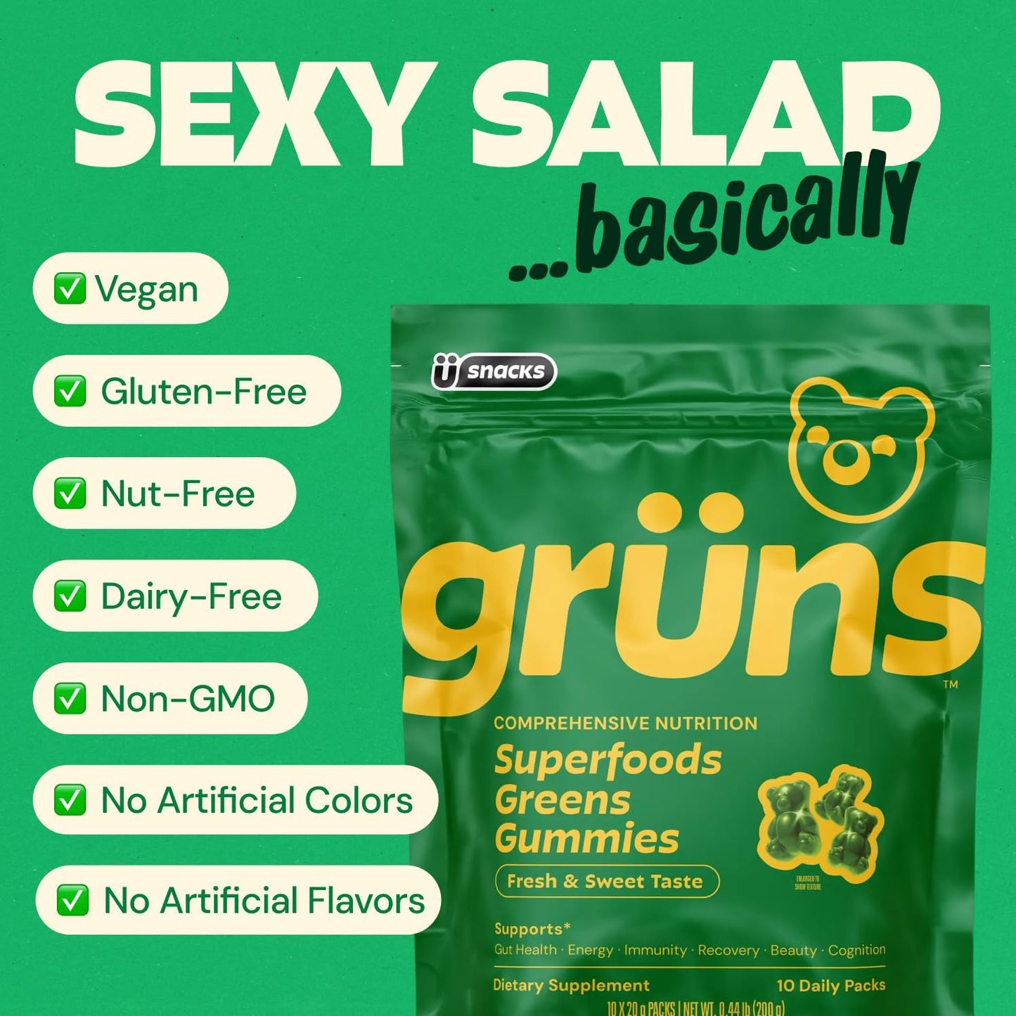 Gruns Adult Super Greens Multivitamin Gummies with Spirulina and Prebiotic Fiber