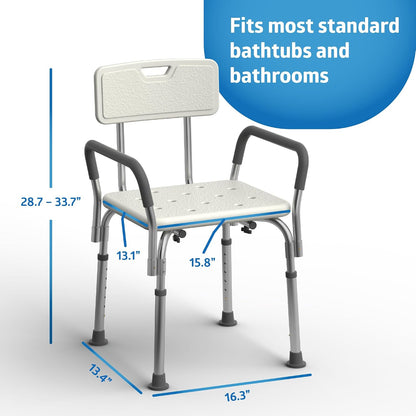 Medline Shower Chair with Backrest Padded Armrests 350 lb Capacity Bath Bench Seat Stool